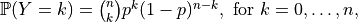 \mathbb{P}(Y=k)=\binom{n}{k}p^k (1-p)^{n-k},\ \text{for}\ k=0, \ldots, n,