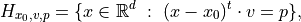 H_{x_0, v, p} = \{x\in\mathbb{R}^d\ :\ (x-x_0)^t\cdot v = p\},